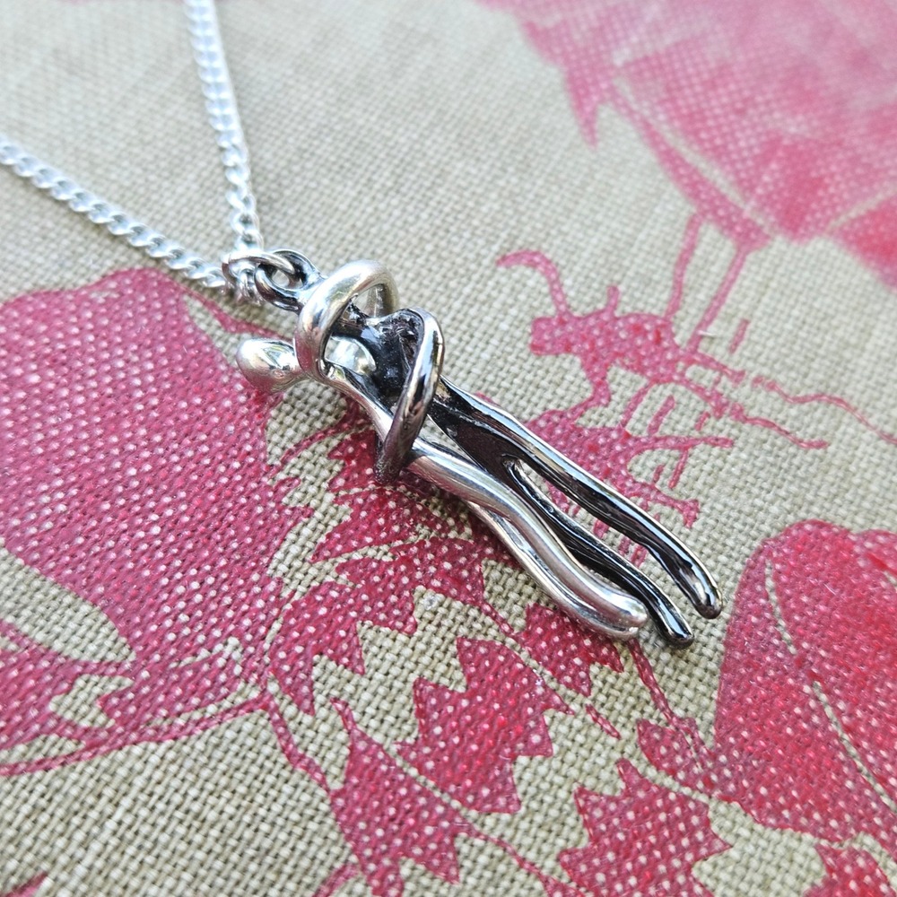 Abstract Interlocking Lovers Hug Pendant Necklace Silver Gunmetal Two Tone